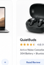 QuietBuds product card with rating, specs, and read review button